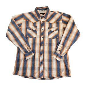 Cowboy Hardware Pearl Snap Shirt Men’s Size LG Longsleeve Plaid Blue Orange